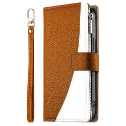 For Samsung Galaxy S23+ 5G Stitching Multi-card Zipper Wallet Leather Phone Case with Short Strap(Brown)
