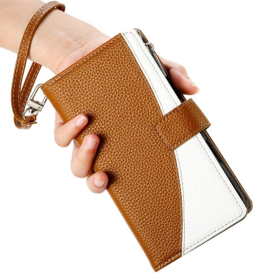 For Samsung Galaxy S23+ 5G Stitching Multi-card Zipper Wallet Leather Phone Case with Short Strap(Brown)