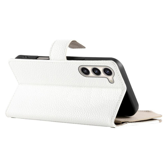 For Samsung Galaxy S23+ 5G Stitching Multi-card Zipper Wallet Leather Phone Case with Short Strap(White)