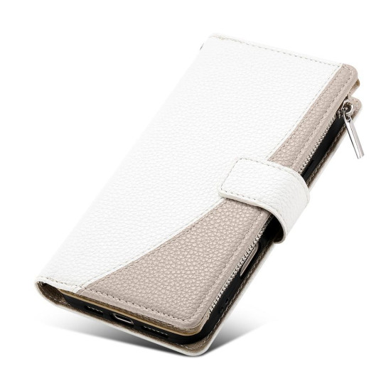 For Samsung Galaxy S23+ 5G Stitching Multi-card Zipper Wallet Leather Phone Case with Short Strap(White)