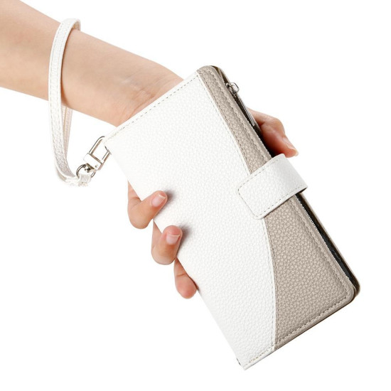For Samsung Galaxy S23+ 5G Stitching Multi-card Zipper Wallet Leather Phone Case with Short Strap(White)