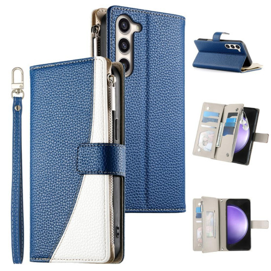 For Samsung Galaxy S23+ 5G Stitching Multi-card Zipper Wallet Leather Phone Case with Short Strap(Dark Blue)