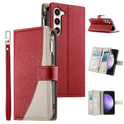 For Samsung Galaxy S23+ 5G Stitching Multi-card Zipper Wallet Leather Phone Case with Short Strap(Red)