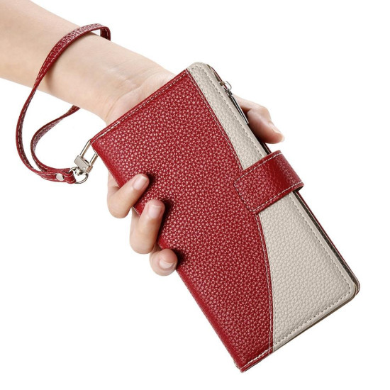 For Samsung Galaxy S23+ 5G Stitching Multi-card Zipper Wallet Leather Phone Case with Short Strap(Red)