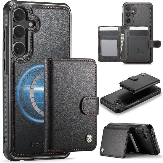 For Samsung Galaxy S24+ 5G JEEHOOD J09 Buckle Card Bag MagSafe Magnetic Style RFID Leather Phone Case(Black)
