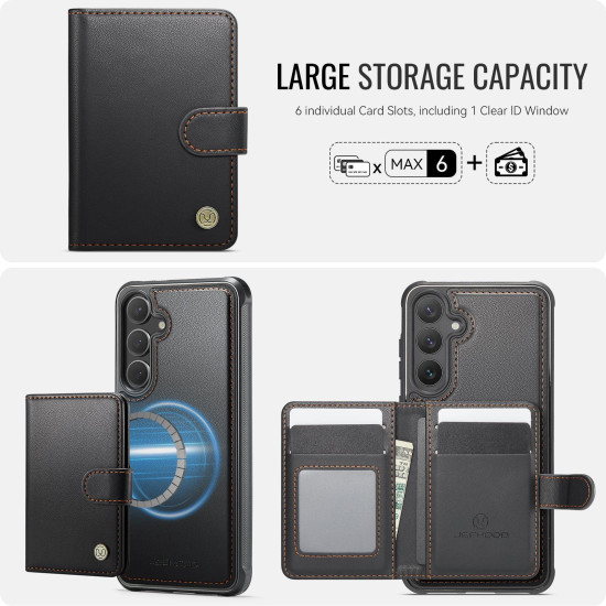 For Samsung Galaxy S24+ 5G JEEHOOD J09 Buckle Card Bag MagSafe Magnetic Style RFID Leather Phone Case(Black)