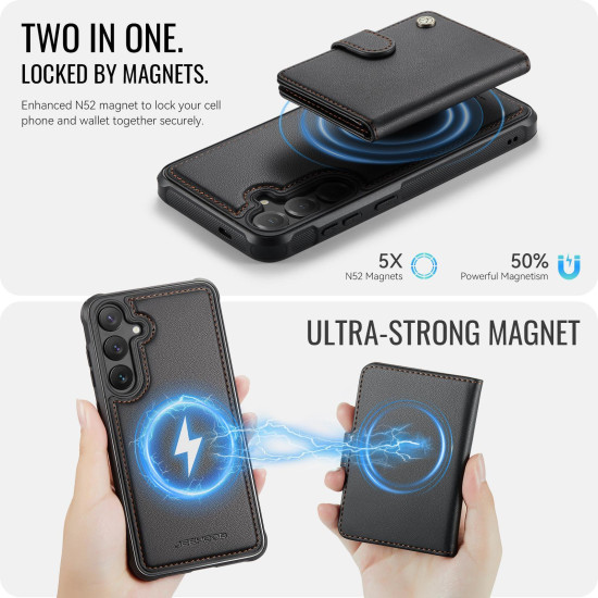 For Samsung Galaxy S24+ 5G JEEHOOD J09 Buckle Card Bag MagSafe Magnetic Style RFID Leather Phone Case(Black)
