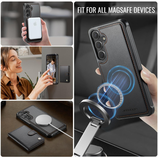 For Samsung Galaxy S24+ 5G JEEHOOD J09 Buckle Card Bag MagSafe Magnetic Style RFID Leather Phone Case(Black)