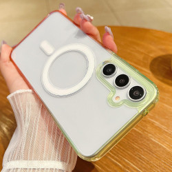 For Samsung Galaxy S24+ 5G Contrast Color Gradient Transparent MagSafe Phone Case(Fluorescent Green + Light Pink)