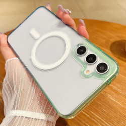 For Samsung Galaxy S24+ 5G Contrast Color Gradient Transparent MagSafe Phone Case(Green + Blue)