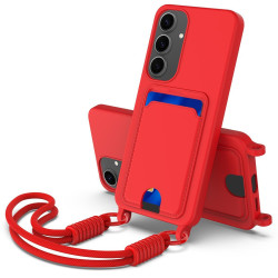 For Samsung Galaxy S24+ 5G Integrated Card Bag Solid Color Liquid Silicone Phone Case Gen2 with Short Lanyard(Red)