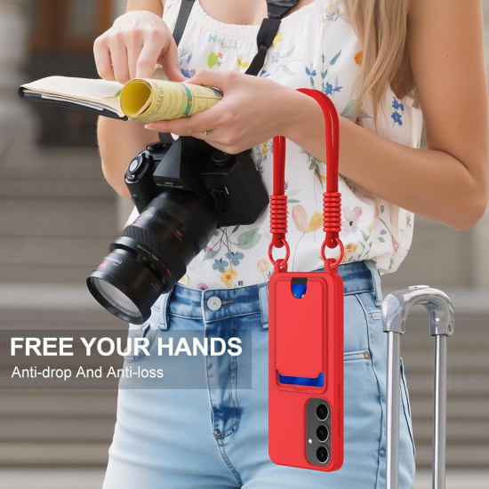 For Samsung Galaxy S24+ 5G Integrated Card Bag Solid Color Liquid Silicone Phone Case Gen2 with Short Lanyard(Red)