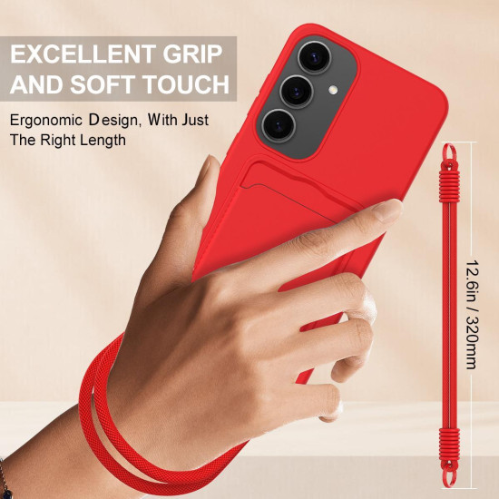 For Samsung Galaxy S24+ 5G Integrated Card Bag Solid Color Liquid Silicone Phone Case Gen2 with Short Lanyard(Red)