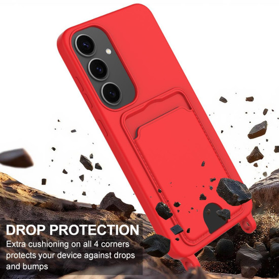 For Samsung Galaxy S24+ 5G Integrated Card Bag Solid Color Liquid Silicone Phone Case Gen2 with Short Lanyard(Red)