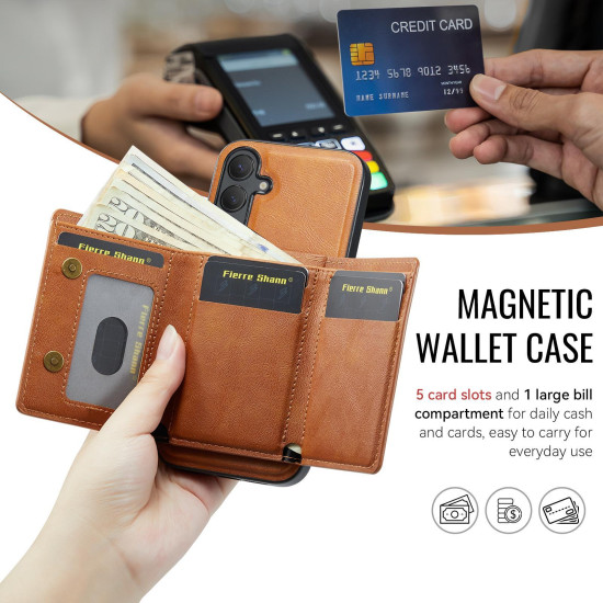 For Samsung Galaxy S24+ 5G Fierre Shann 2 in 1 Holder RFID Card Slot Wallet MagSafe Phone Case(Dark Brown)