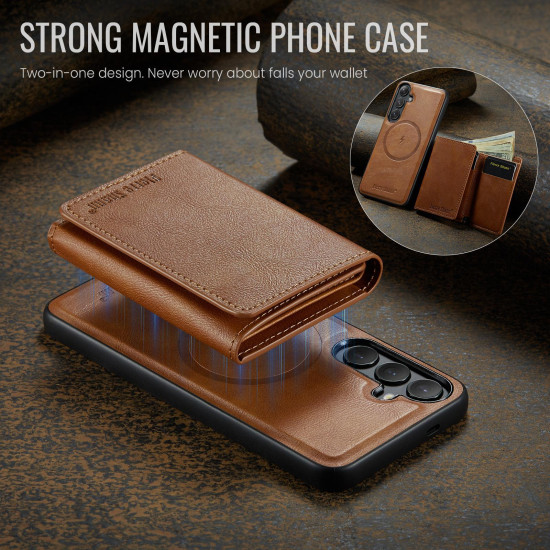 For Samsung Galaxy S24+ 5G Fierre Shann 2 in 1 Holder RFID Card Slot Wallet MagSafe Phone Case(Dark Brown)