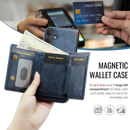 For Samsung Galaxy S24+ 5G Fierre Shann 2 in 1 Holder RFID Card Slot Wallet MagSafe Phone Case(Blue)