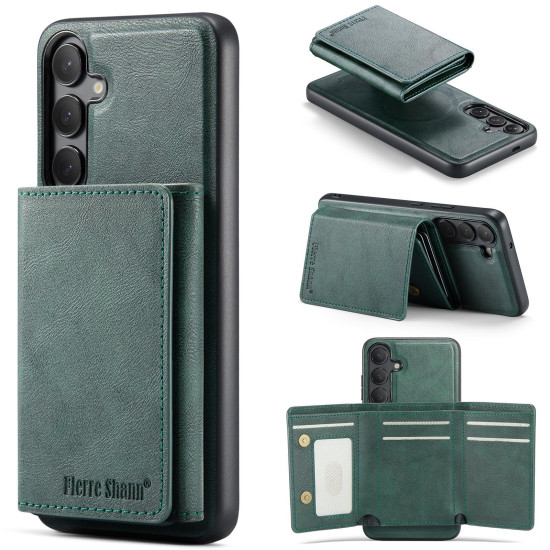 For Samsung Galaxy S24+ 5G Fierre Shann 2 in 1 Holder RFID Card Slot Wallet MagSafe Phone Case(Green)
