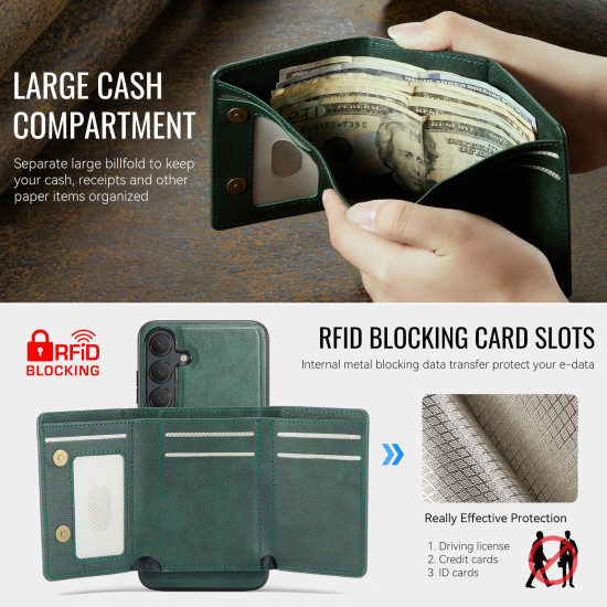 For Samsung Galaxy S24+ 5G Fierre Shann 2 in 1 Holder RFID Card Slot Wallet MagSafe Phone Case(Green)