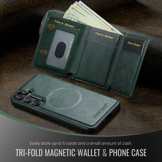 For Samsung Galaxy S24+ 5G Fierre Shann 2 in 1 Holder RFID Card Slot Wallet MagSafe Phone Case(Green)