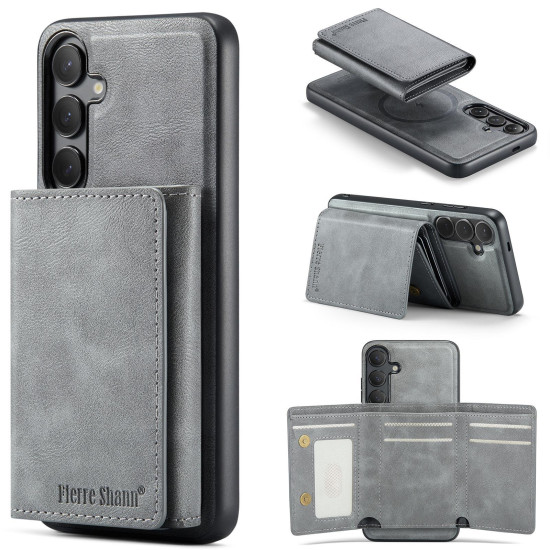 For Samsung Galaxy S24+ 5G Fierre Shann 2 in 1 Holder RFID Card Slot Wallet MagSafe Phone Case(Grey)