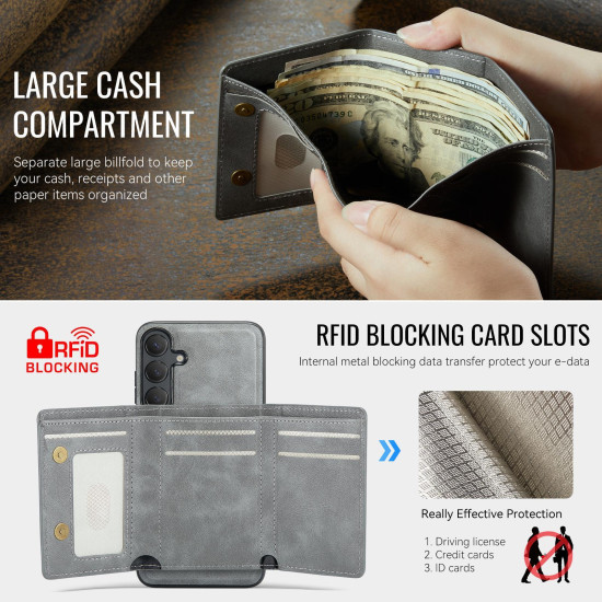 For Samsung Galaxy S24+ 5G Fierre Shann 2 in 1 Holder RFID Card Slot Wallet MagSafe Phone Case(Grey)