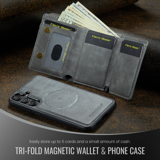 For Samsung Galaxy S24+ 5G Fierre Shann 2 in 1 Holder RFID Card Slot Wallet MagSafe Phone Case(Grey)