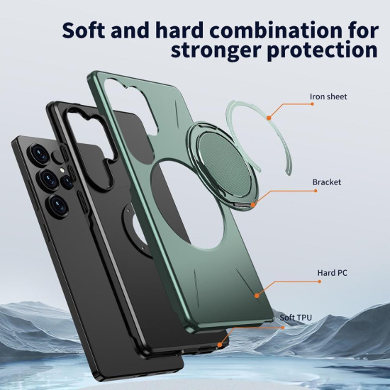 For Samsung Galaxy S24+ 5G Metal Rotation Holder MagSafe TPU Hybrid PC Phone Case(Grey Green)