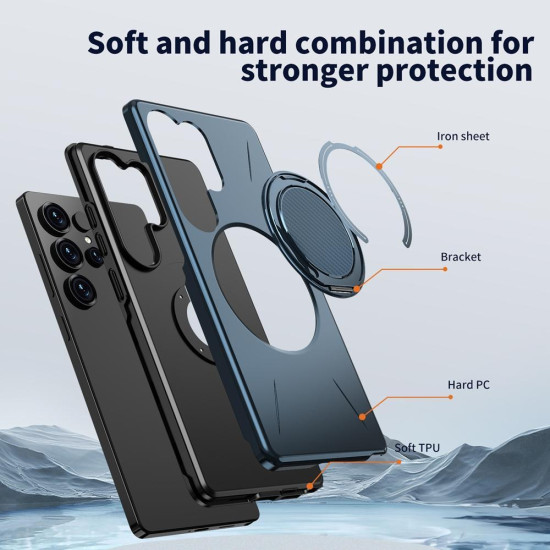 For Samsung Galaxy S24+ 5G Metal Rotation Holder MagSafe TPU Hybrid PC Phone Case(Navy Blue)