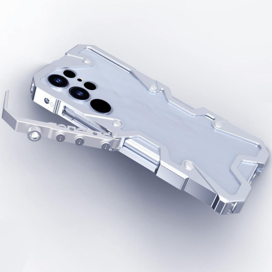 For Samsung Galaxy S24+ 5G Trigger Design Hollow Metal Frame Phone Case with Lanyard(Silver)