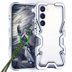 For Samsung Galaxy S23+ 5G Trigger Design Hollow Metal Frame Phone Case with Lanyard(Silver)