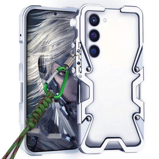 For Samsung Galaxy S23+ 5G Trigger Design Hollow Metal Frame Phone Case with Lanyard(Silver)
