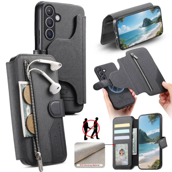 For Samsung Galaxy S24+ 5G Twill Fabric MagSafe RFID Anti-theft Zipper Wallet Leather Phone Case(Black)