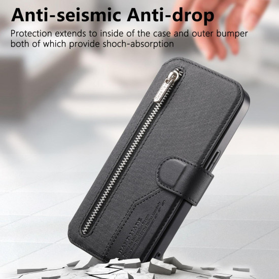 For Samsung Galaxy S24+ 5G Twill Fabric MagSafe RFID Anti-theft Zipper Wallet Leather Phone Case(Black)