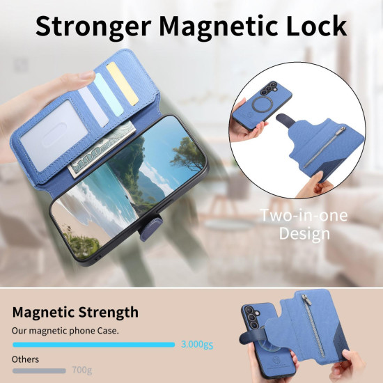 For Samsung Galaxy S24+ 5G Twill Fabric MagSafe RFID Anti-theft Zipper Wallet Leather Phone Case(Dark Blue)
