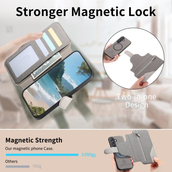 For Samsung Galaxy S24+ 5G Twill Fabric MagSafe RFID Anti-theft Zipper Wallet Leather Phone Case(Grey)
