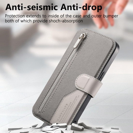 For Samsung Galaxy S24+ 5G Twill Fabric MagSafe RFID Anti-theft Zipper Wallet Leather Phone Case(Grey)
