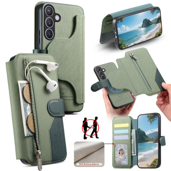 For Samsung Galaxy S24+ 5G Twill Fabric MagSafe RFID Anti-theft Zipper Wallet Leather Phone Case(Green)