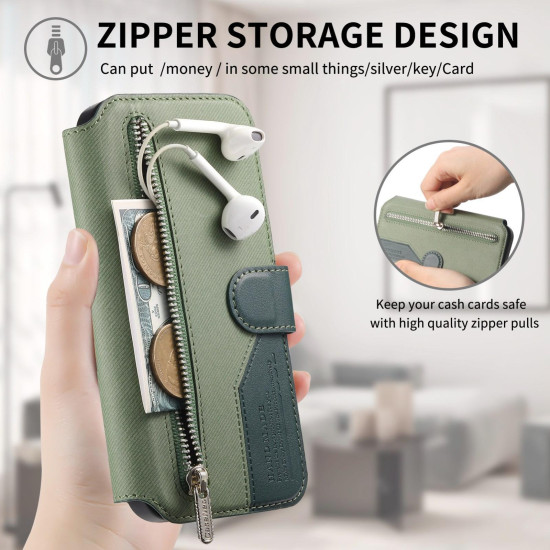 For Samsung Galaxy S24+ 5G Twill Fabric MagSafe RFID Anti-theft Zipper Wallet Leather Phone Case(Green)