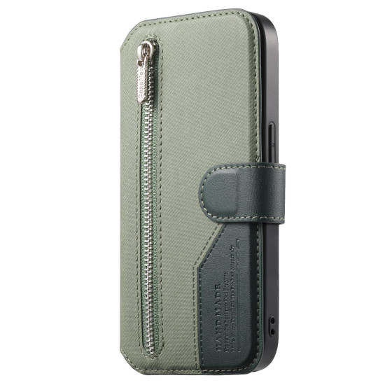For Samsung Galaxy S24+ 5G Twill Fabric MagSafe RFID Anti-theft Zipper Wallet Leather Phone Case(Green)