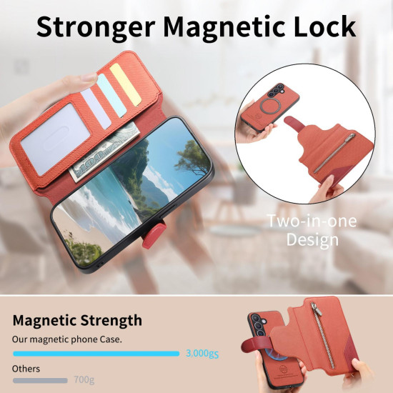 For Samsung Galaxy S24+ 5G Twill Fabric MagSafe RFID Anti-theft Zipper Wallet Leather Phone Case(Orange)