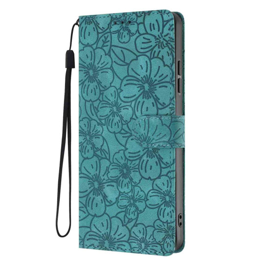 For Samsung Galaxy S24+ 5G Cherry Blossoms Embossed Leather Phone Case(Green)