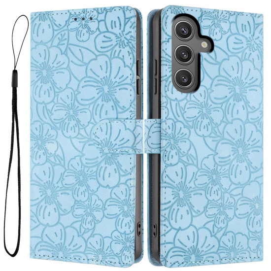For Samsung Galaxy S24+ 5G Cherry Blossoms Embossed Leather Phone Case(Light Blue)