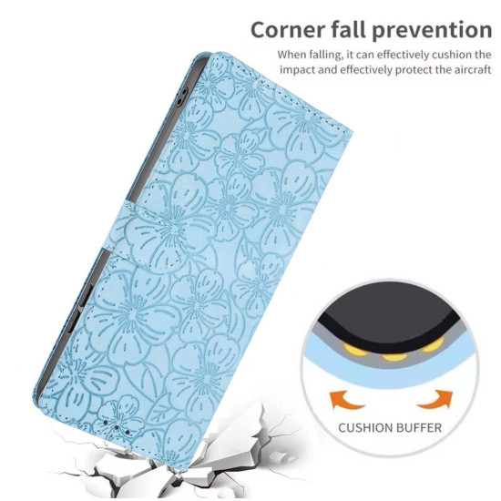 For Samsung Galaxy S24+ 5G Cherry Blossoms Embossed Leather Phone Case(Light Blue)