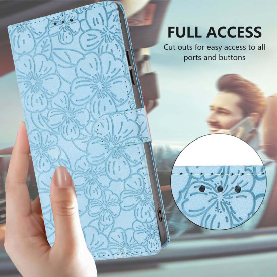 For Samsung Galaxy S24+ 5G Cherry Blossoms Embossed Leather Phone Case(Light Blue)