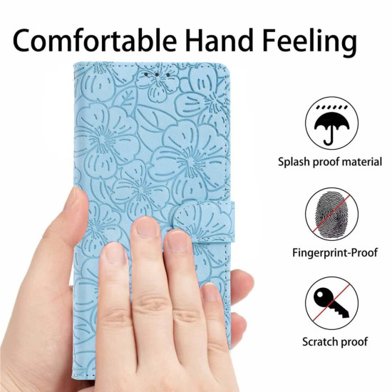 For Samsung Galaxy S24+ 5G Cherry Blossoms Embossed Leather Phone Case(Light Blue)