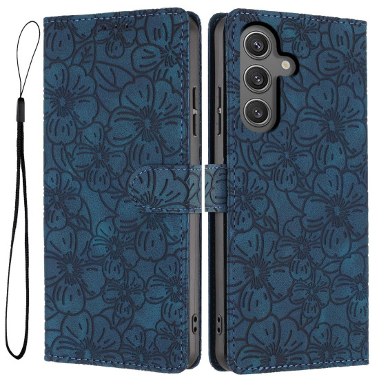 For Samsung Galaxy S24+ 5G Cherry Blossoms Embossed Leather Phone Case(Dark Blue)