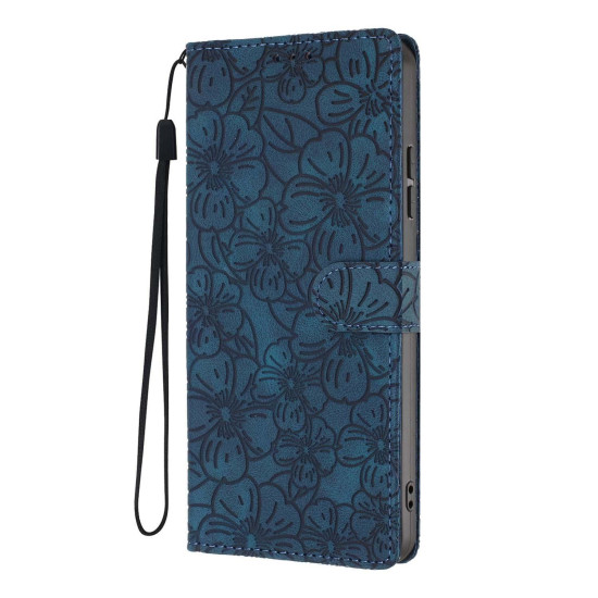For Samsung Galaxy S24+ 5G Cherry Blossoms Embossed Leather Phone Case(Dark Blue)