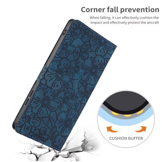 For Samsung Galaxy S24+ 5G Cherry Blossoms Embossed Leather Phone Case(Dark Blue)