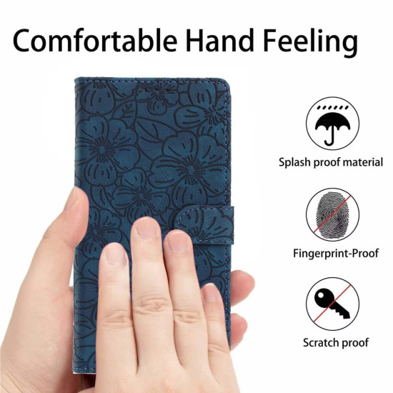 For Samsung Galaxy S24+ 5G Cherry Blossoms Embossed Leather Phone Case(Dark Blue)